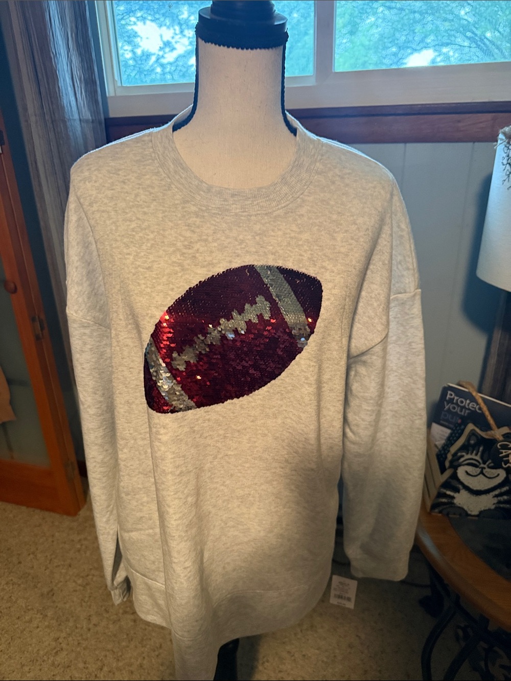 NWT Fleurish Light Gray Crewneck Sweater with Red & Silver Sequin Football